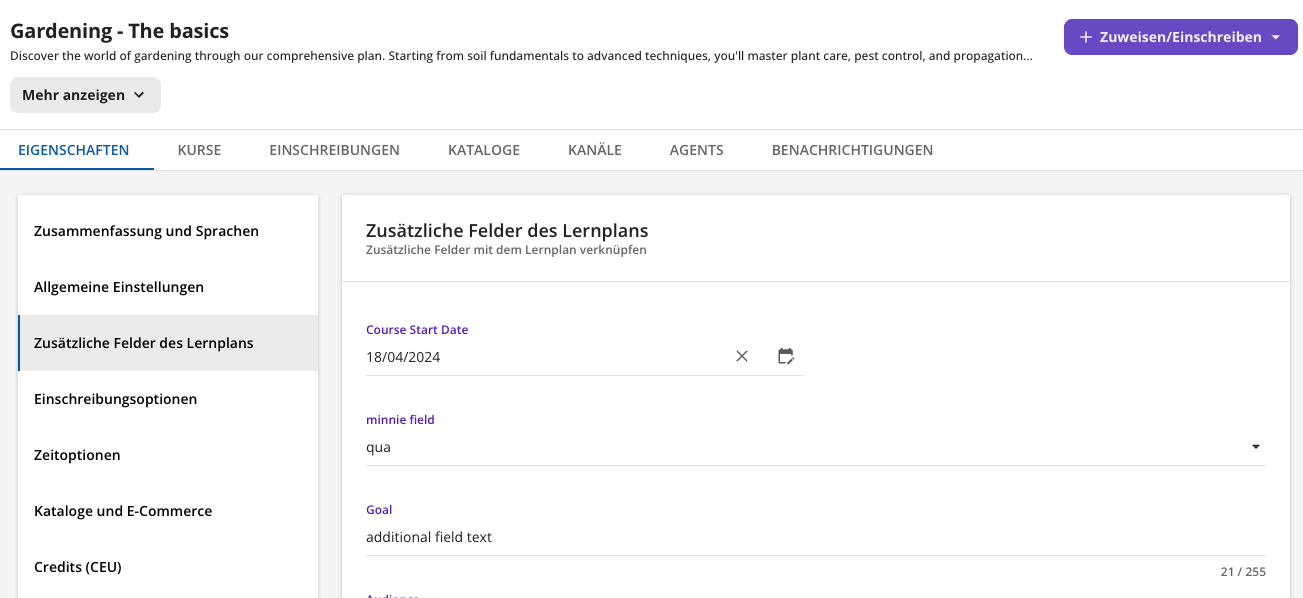 Zusätzliche Felder eines Lernplans