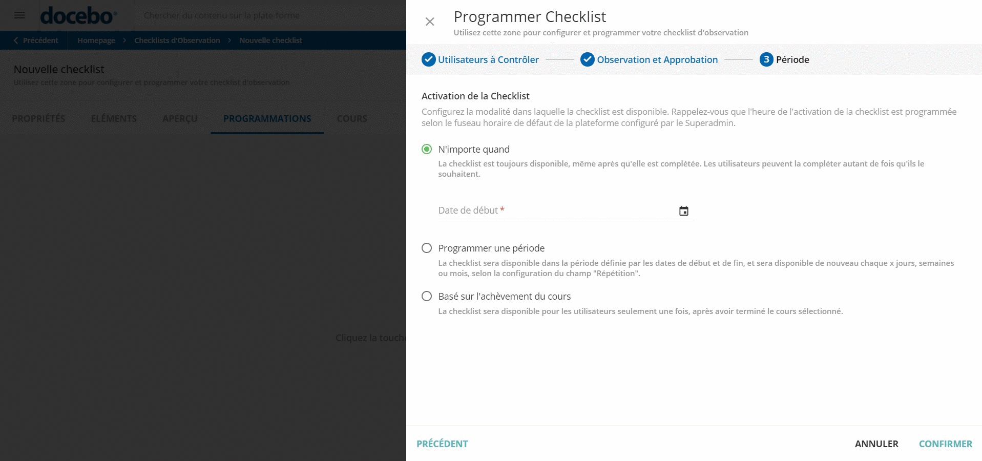 Programmer une periode pour la checklist