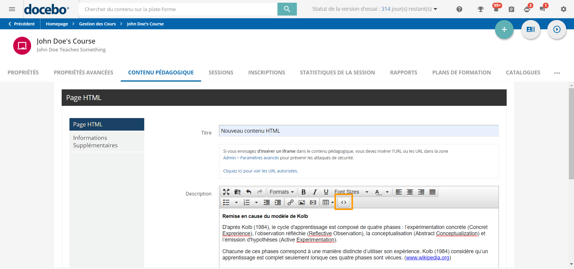 Icone source code pour inserer iframe en tant que contenu pedagogique