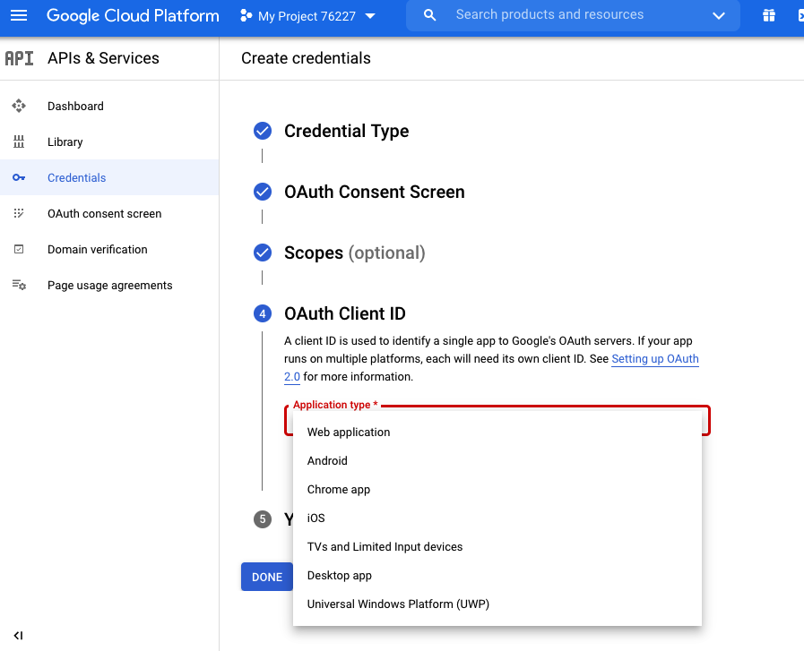 Creating Credentials, choosing Web Application