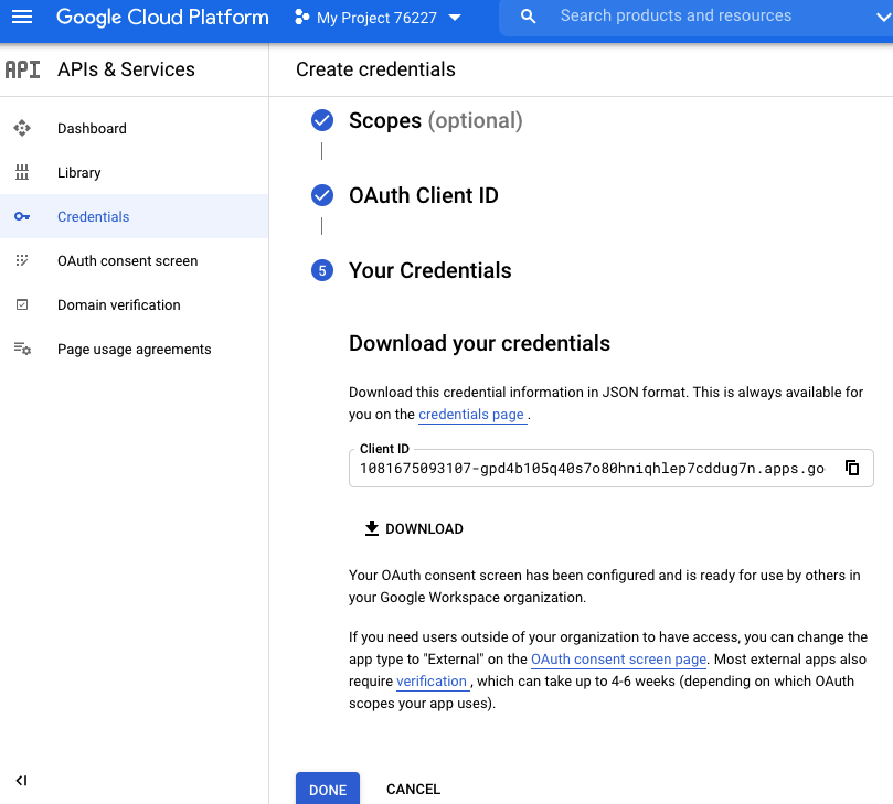 Downloading or copying the OAuth credentials