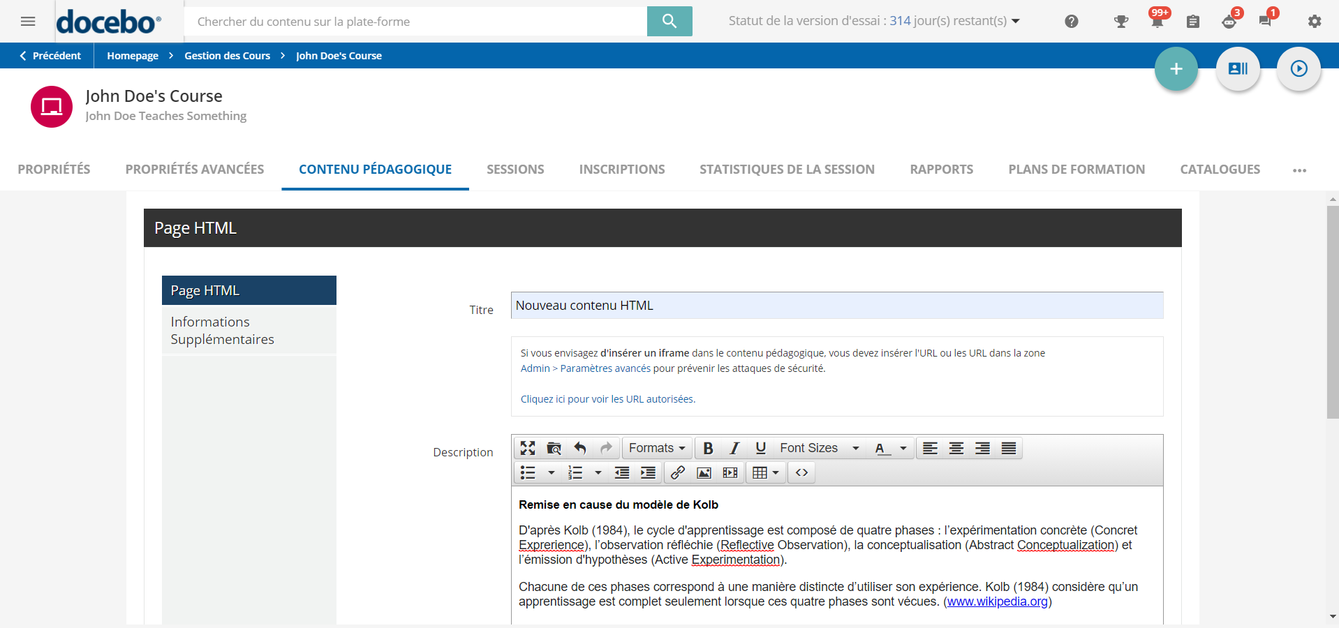 Ajouter un iframe en tant que contenu pedagogique