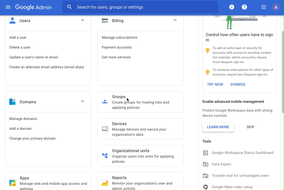 Google Apps Admin Section