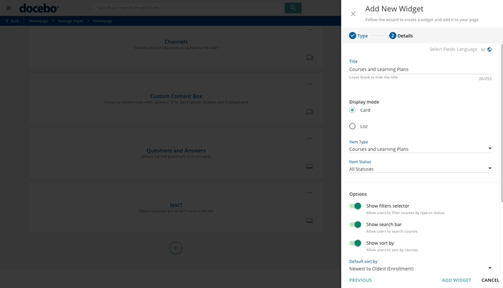 Courses and Learning Plans widget