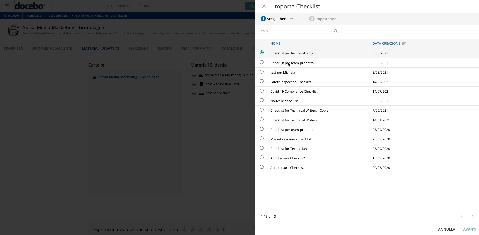 Importare le checklist di osservazione come materiale didattico