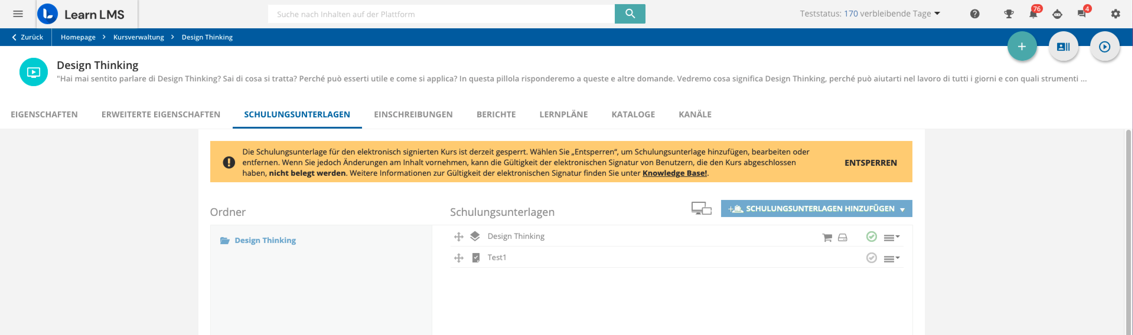 Verwalten und Entsperren von Schulungsunterlagen in E-Signatur-Kursen