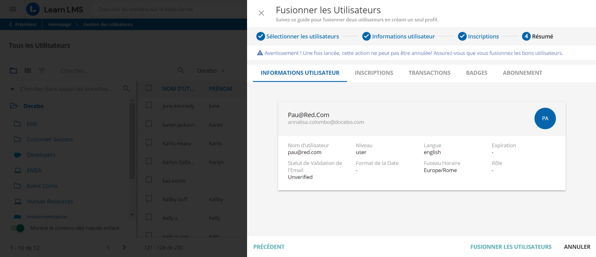 Finaliser la fusion des utilisateurs