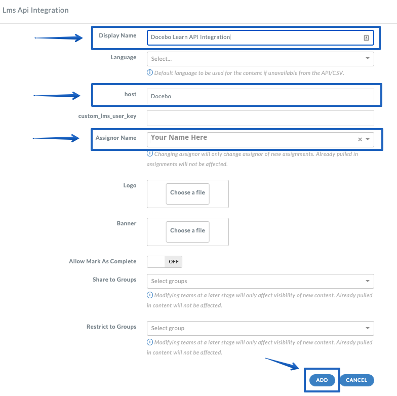 Adding the mandatory information to the Lms Api Integration window in Edcast LXP