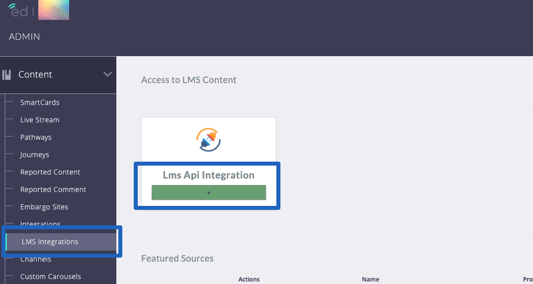 Pressing the plus button in the LMS Integrations section of the EdCast LXP Administration console