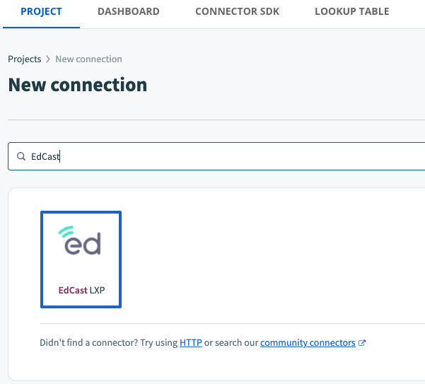 Searching for the Edcast LXP Connector by typing Edcast into the search box