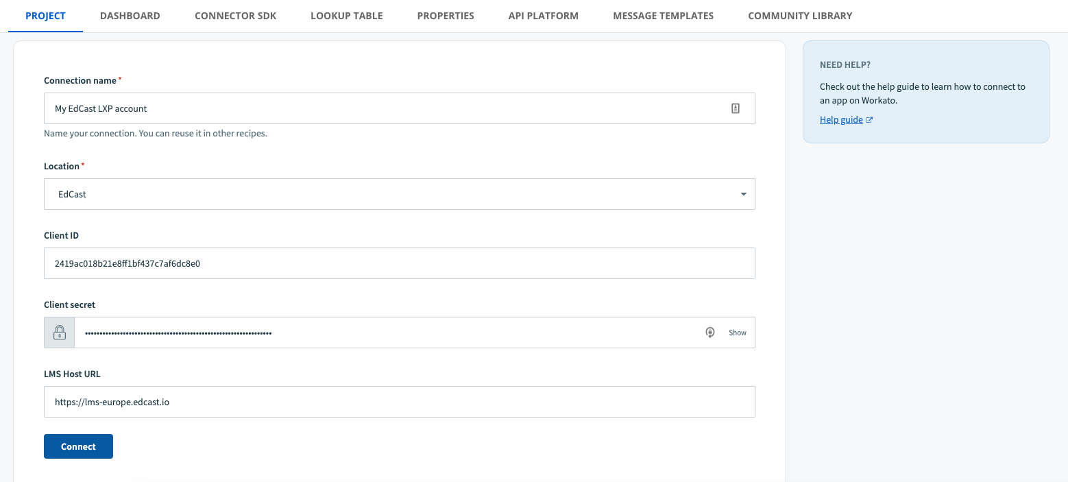 The completed connector configuration window