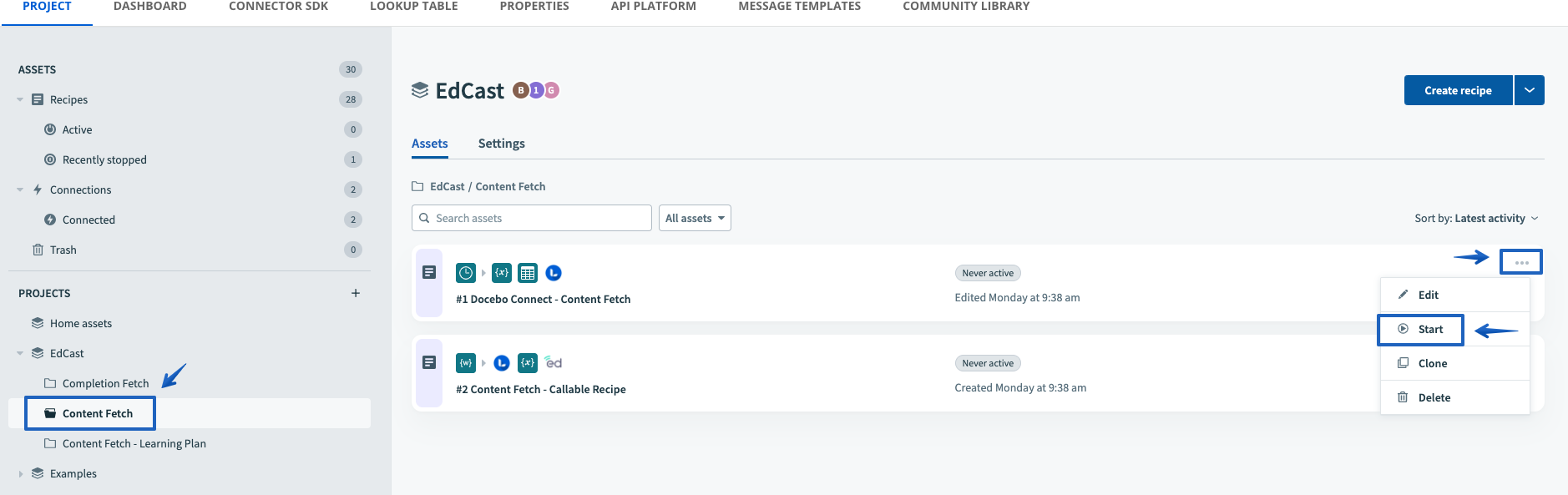Starting the #1 Docebo Connect - Content Fetch recipe by pressing the ellipsis button followed by Start in the dropdown menu