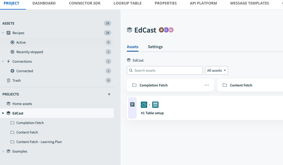 Locating the EdCast project folder and #1 Table Setup recipe
