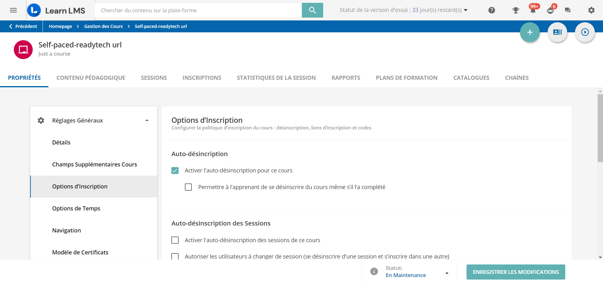 Auto desinscription du cours