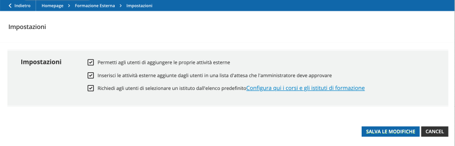 Impostazioni Attività di Formazione Esterna