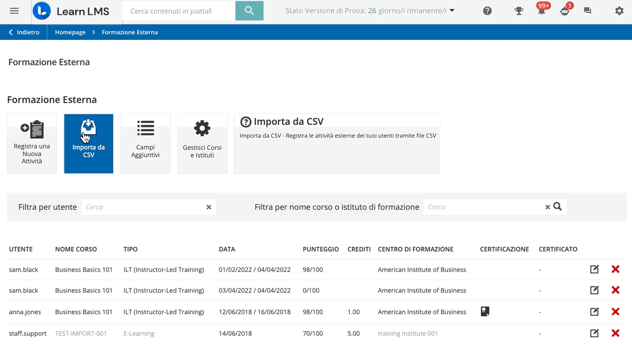 Importare Attività di Formazione esterna via CSV