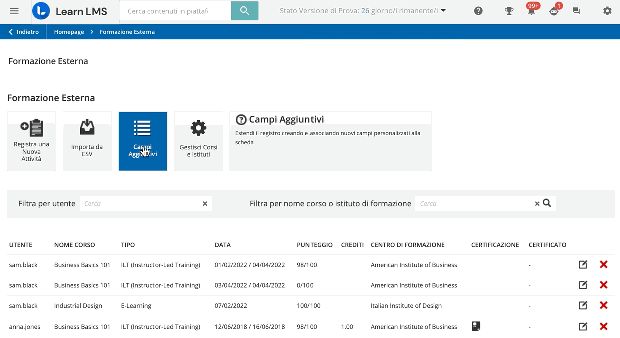 Campi aggiuntivi per la formazione esterna