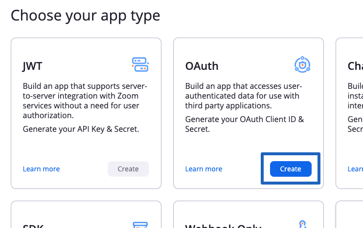 Pressing Create in the OAuth app type