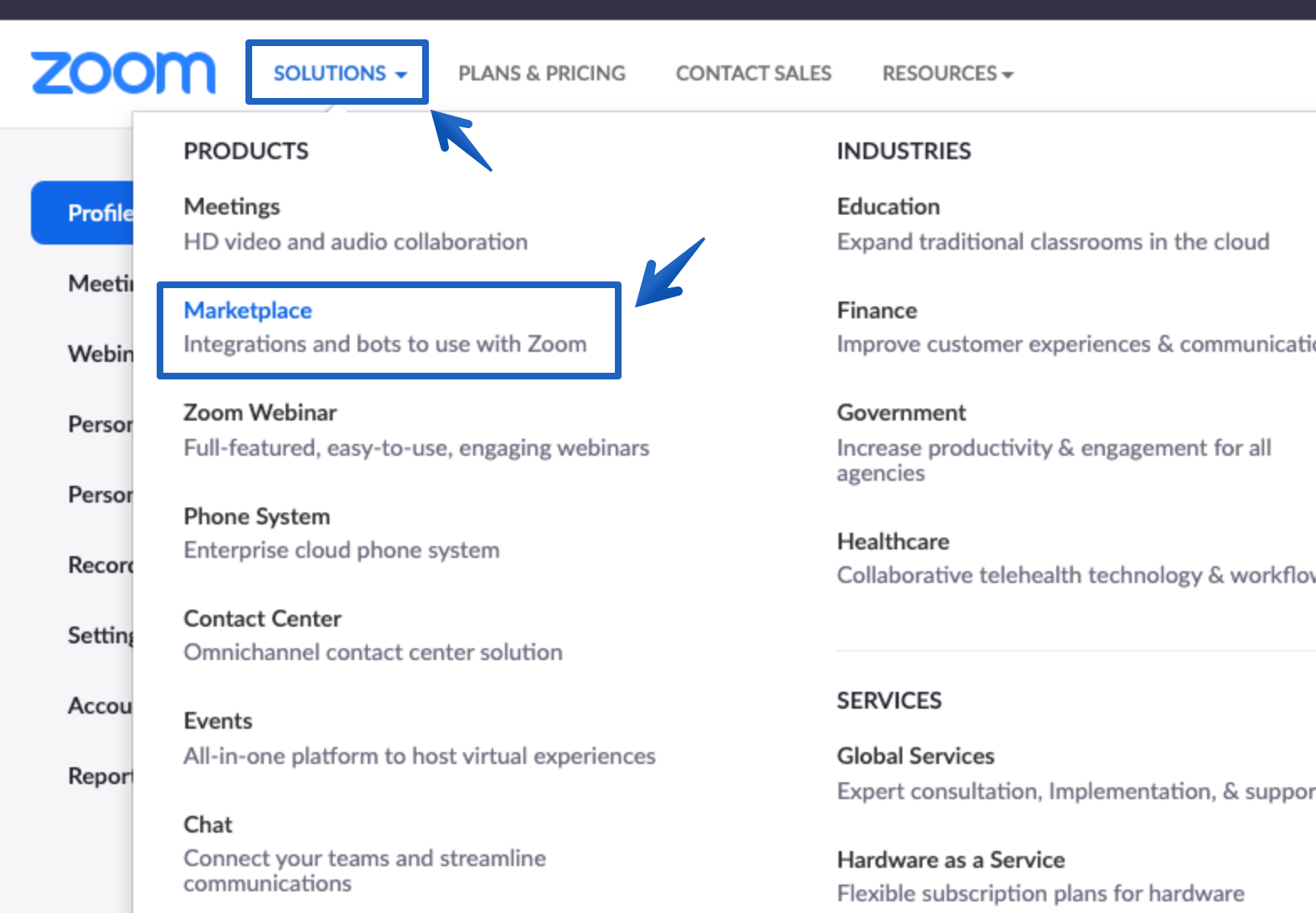 Selecting Marketplace in the Solutions drop down menu