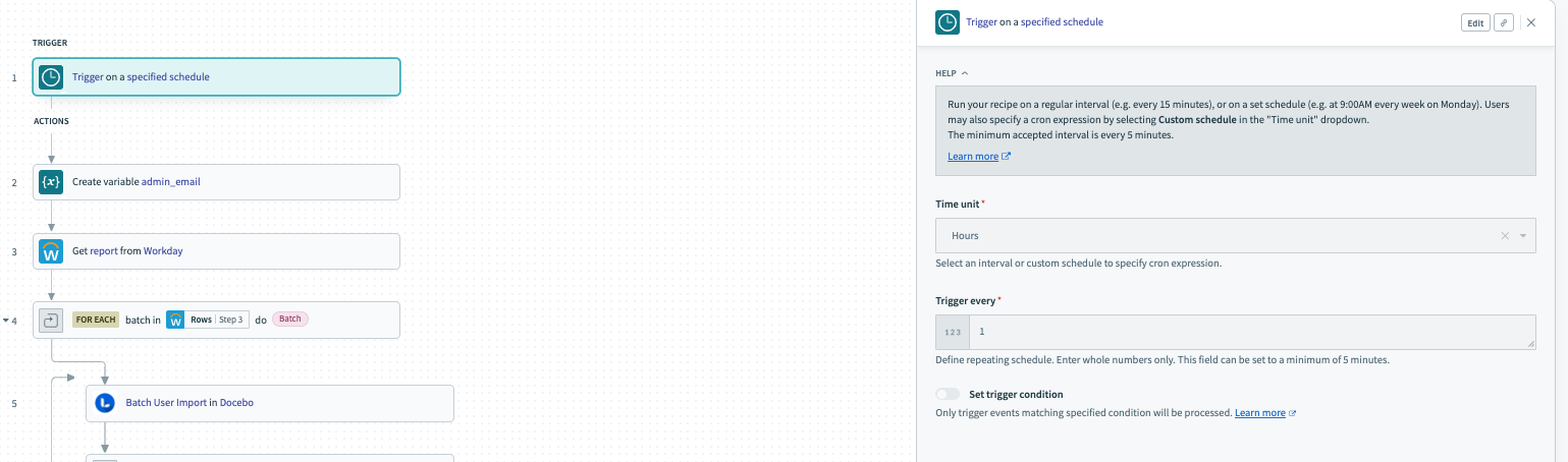 Configuring the recipe's time trigger
