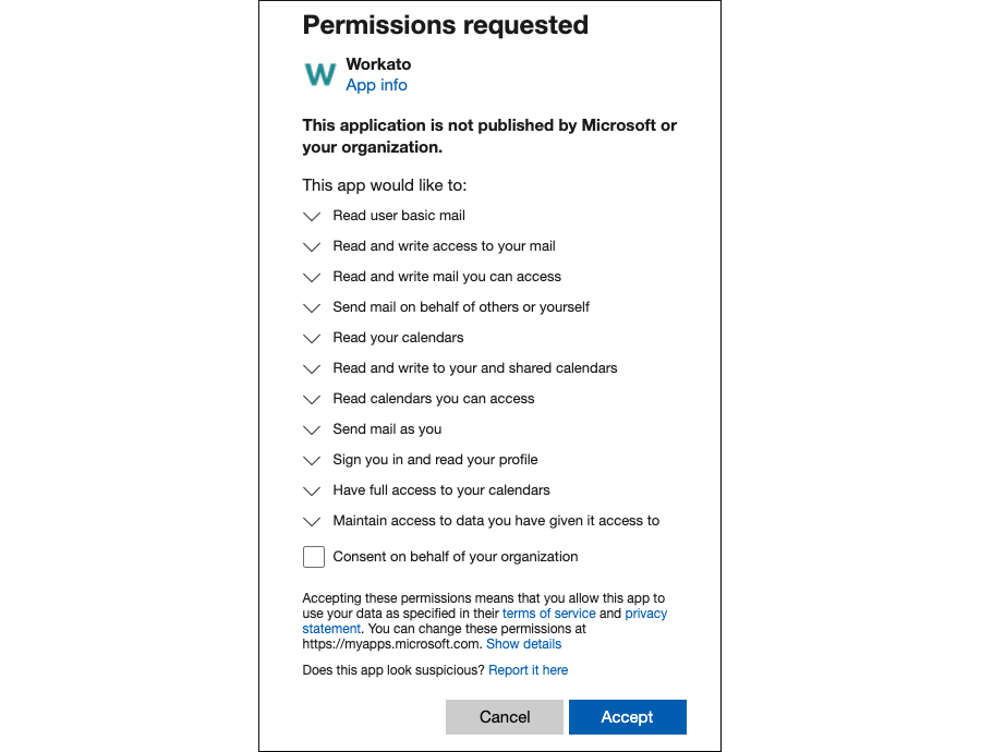 The request for permissions window