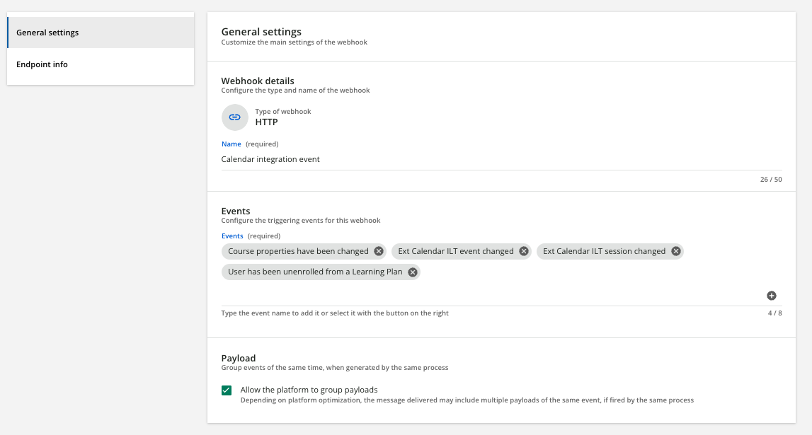 The webhooks configuration screen