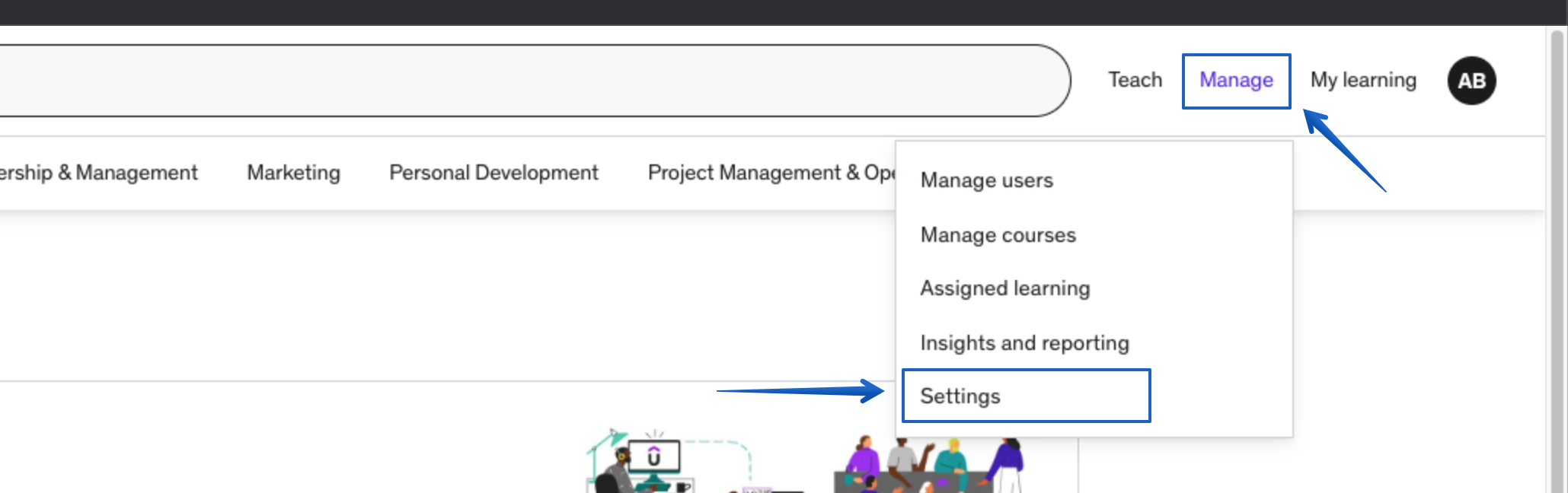 The Manage button and the Settings item in the resulting dropdown menu