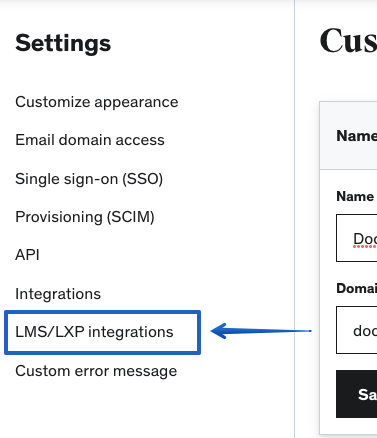 Image showing the Settings menu and the LMS/LXP Integrations item