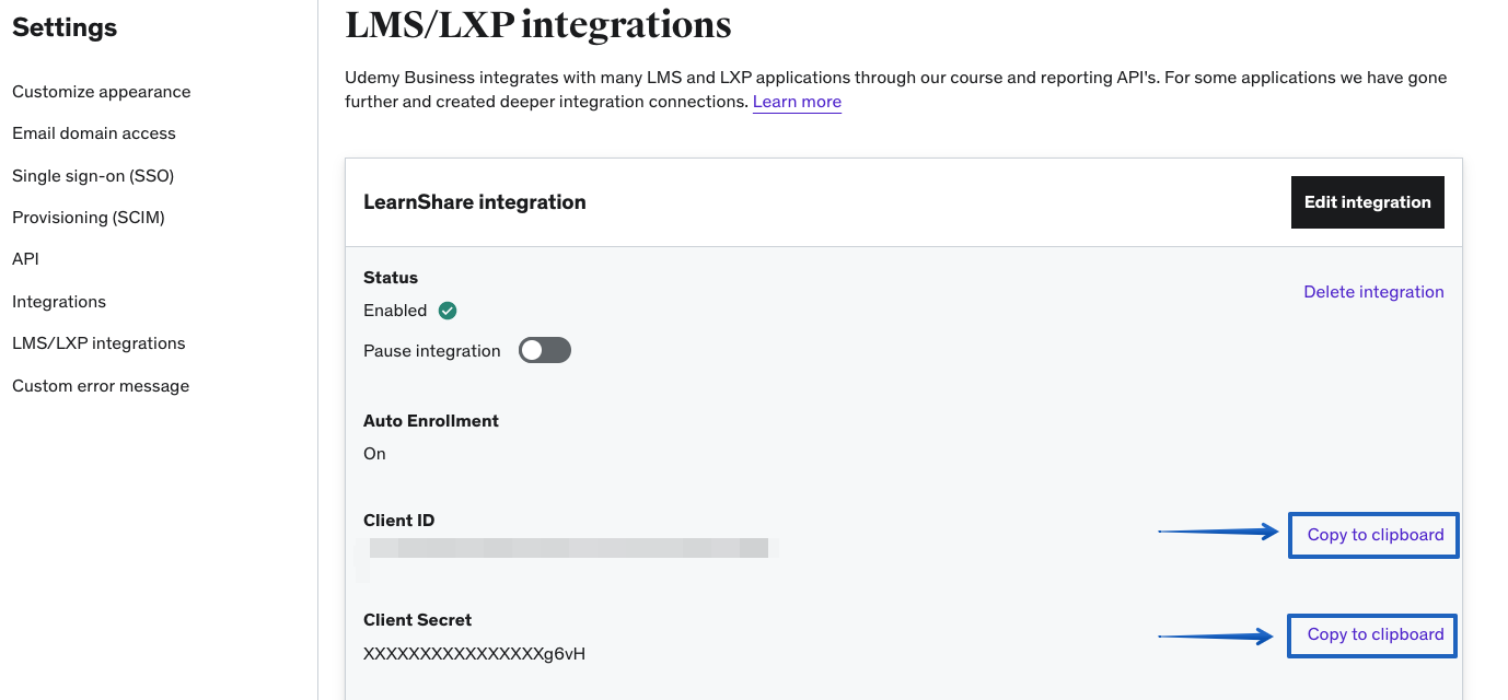 The Copy To Clipboard buttons for copying the API information