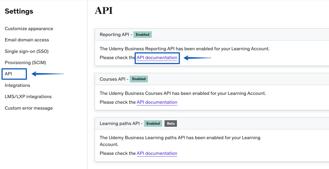 The API item in the Settings sidebar menu and the link to go to the page containing the API URL