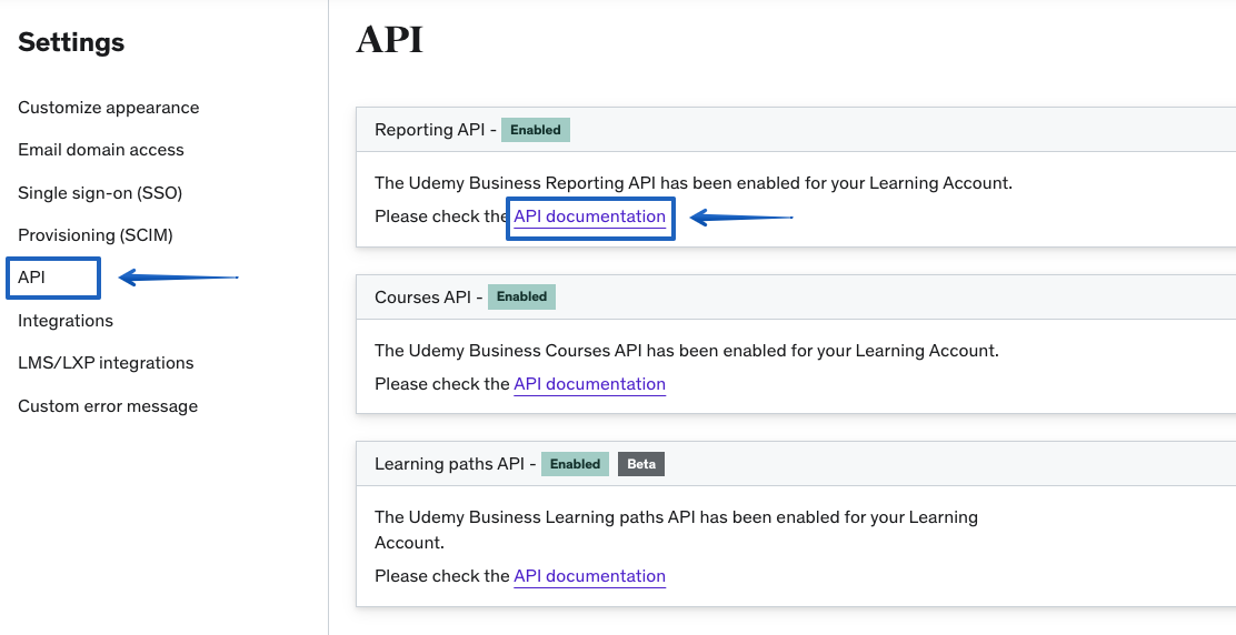 Image showing the API item in the Settings sidebar menu and the link to go to the page containing the API URL