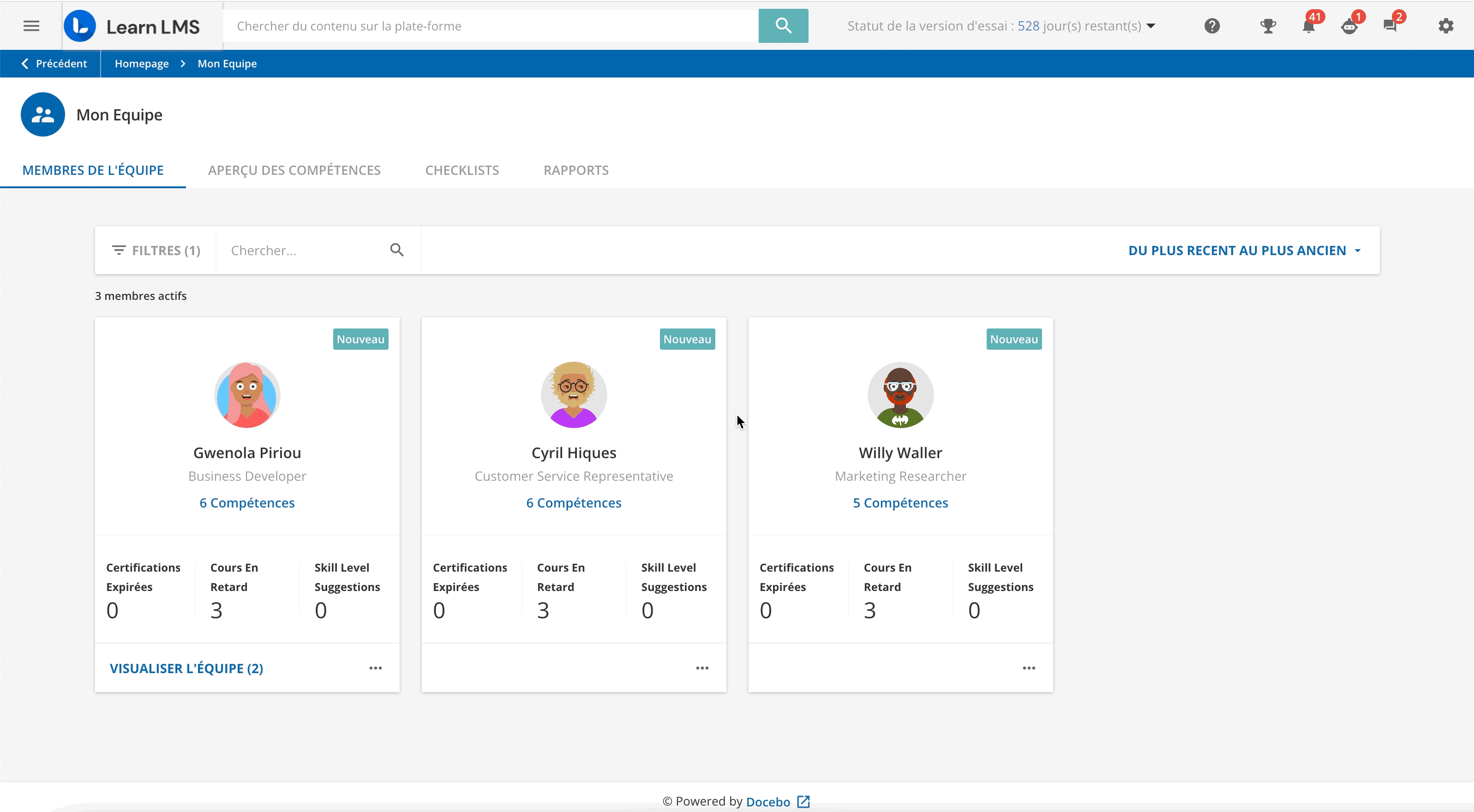 Page Mon Equipe Apercu des Competences