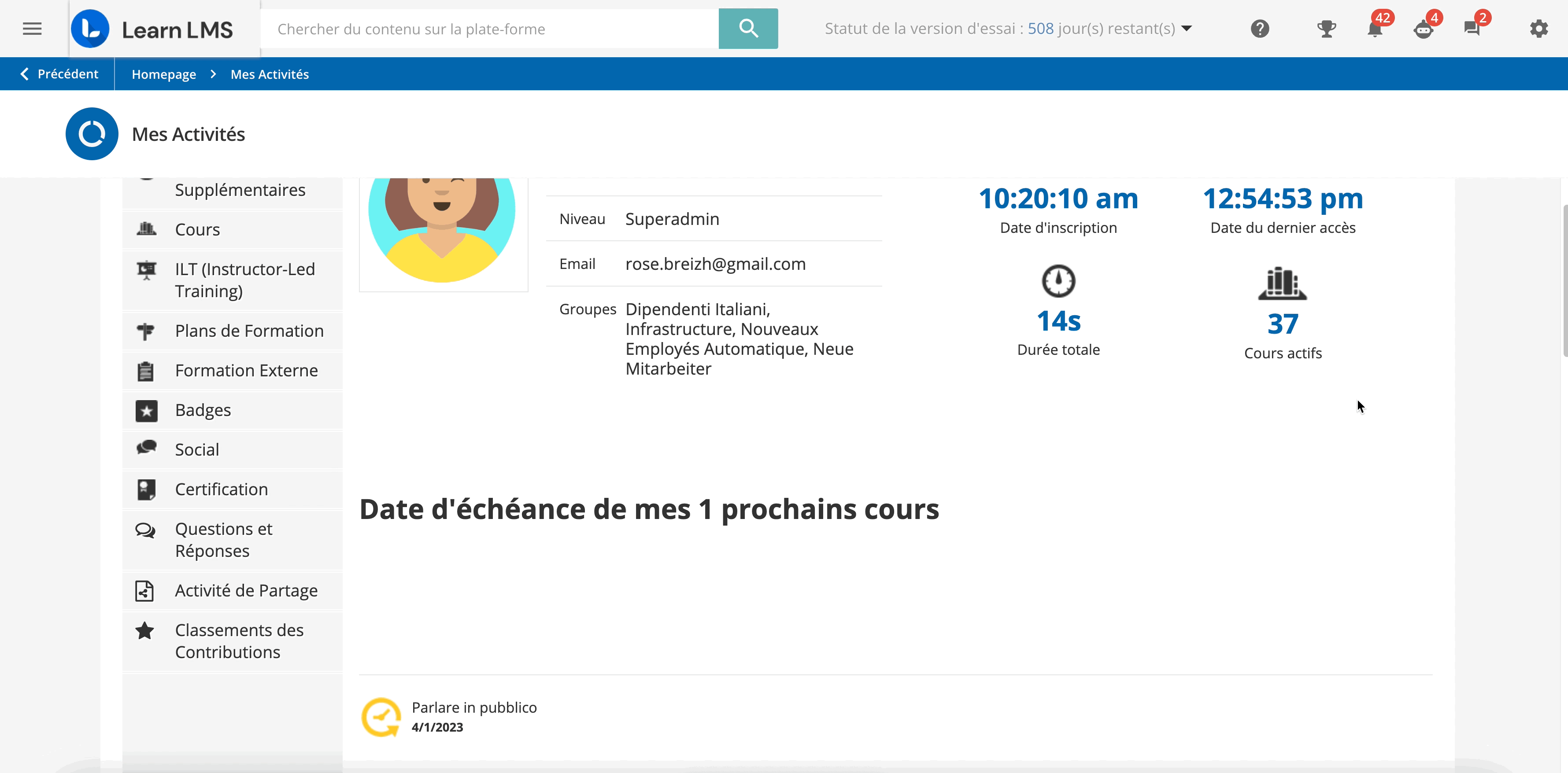 Résumé de la page Mes activites