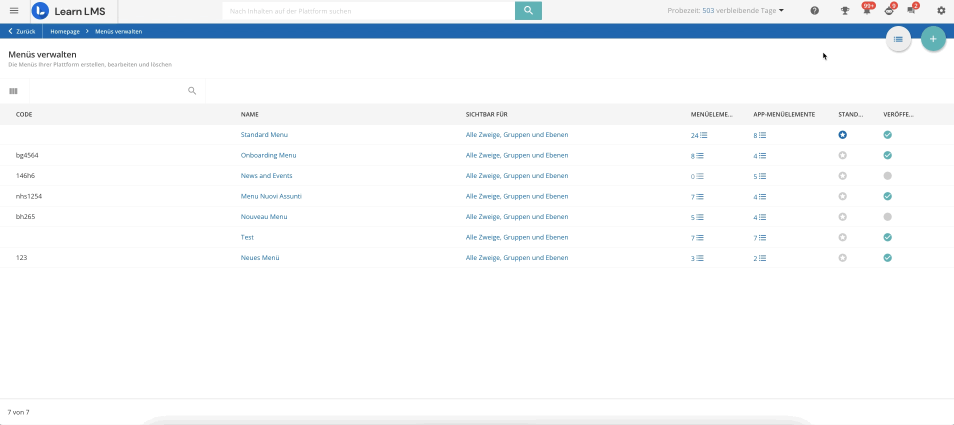 Erstellen neuer Menüs