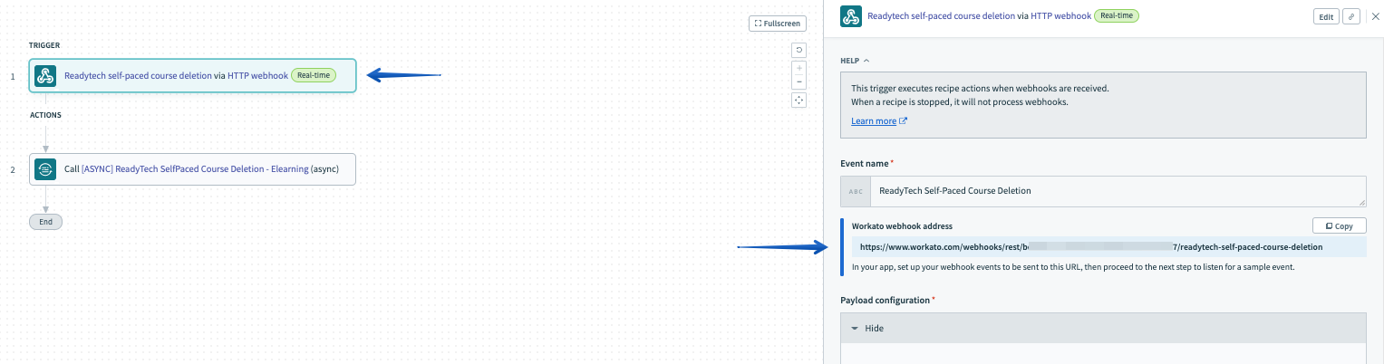 Displaying the ReadyTech SelfPaced webhook URL in the Recipe
