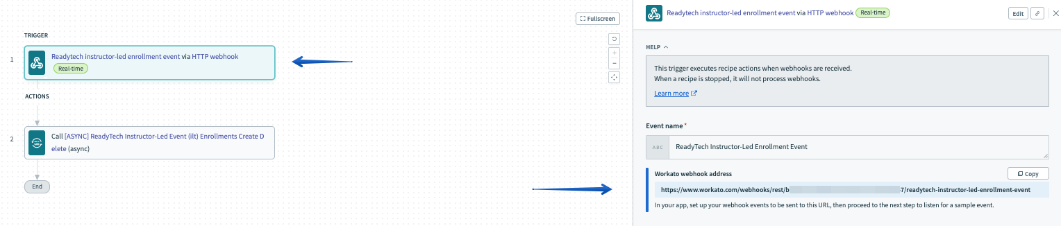 Displaying the Ready tech instructor-led event enrollments webhook URL in the recipe