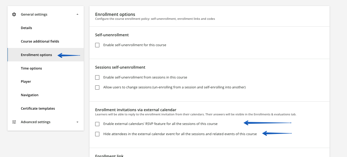 Overriding the default course setting for external calendar RSVP function