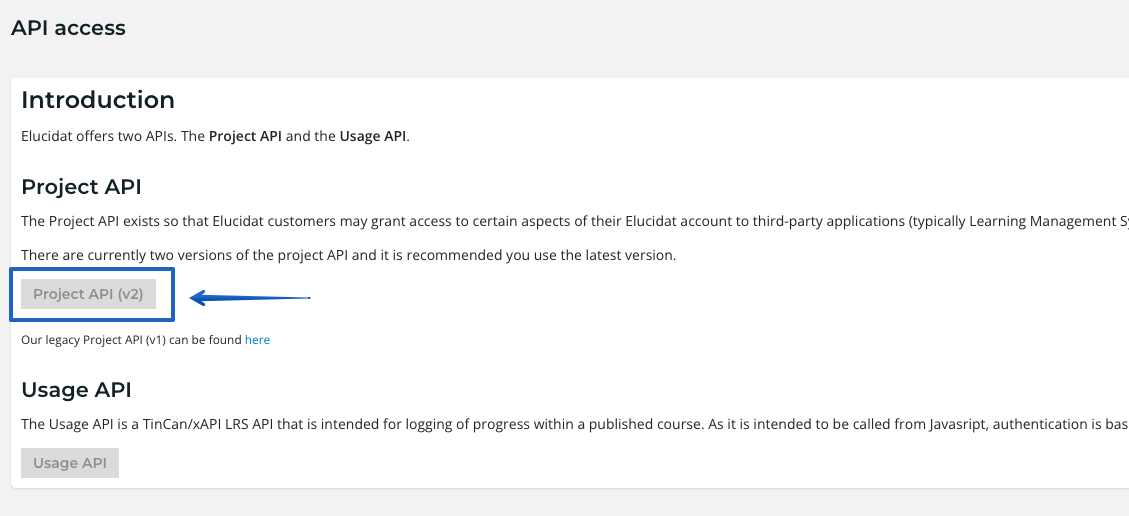 Imagen que muestra dónde encontrar el botón  Project API v2 en la página