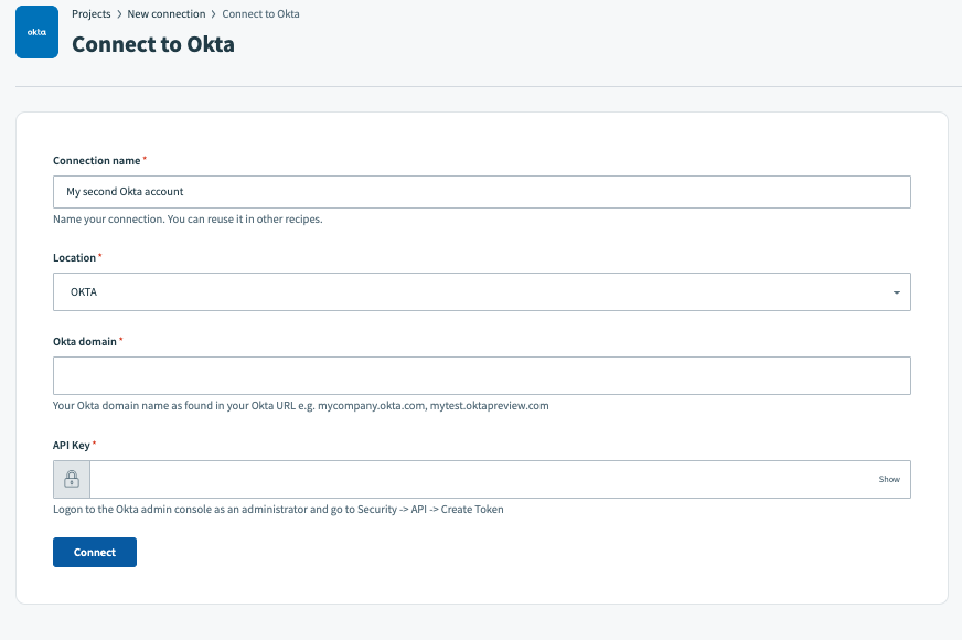 The configuration screen for the Okta connector