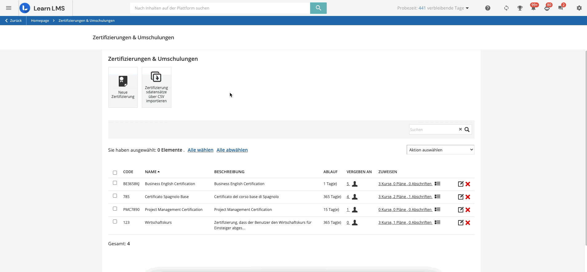 Vergeben von Zertifizierungen an Benutzer über CSV