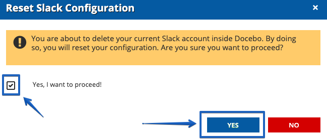 The confirmation modal window showing the checkbox indicating wanting to proceed checked and the Yes button visibile