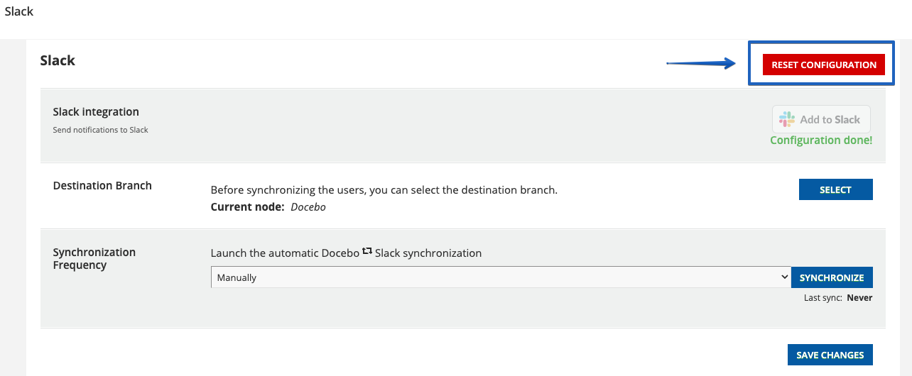 The Slack configuration screen with the Reset Button highlighted