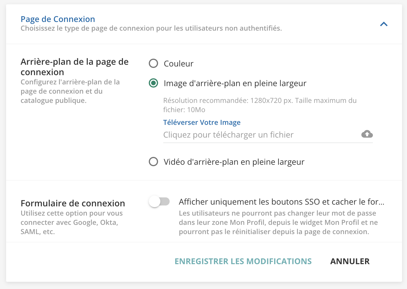 La partie Page de connexion de la section En-tête.