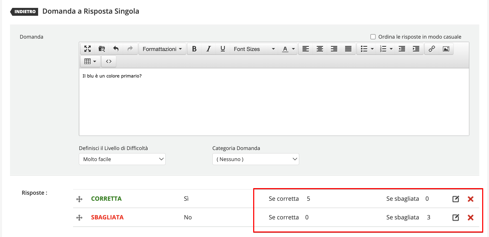 Punti per le risposte dei test
