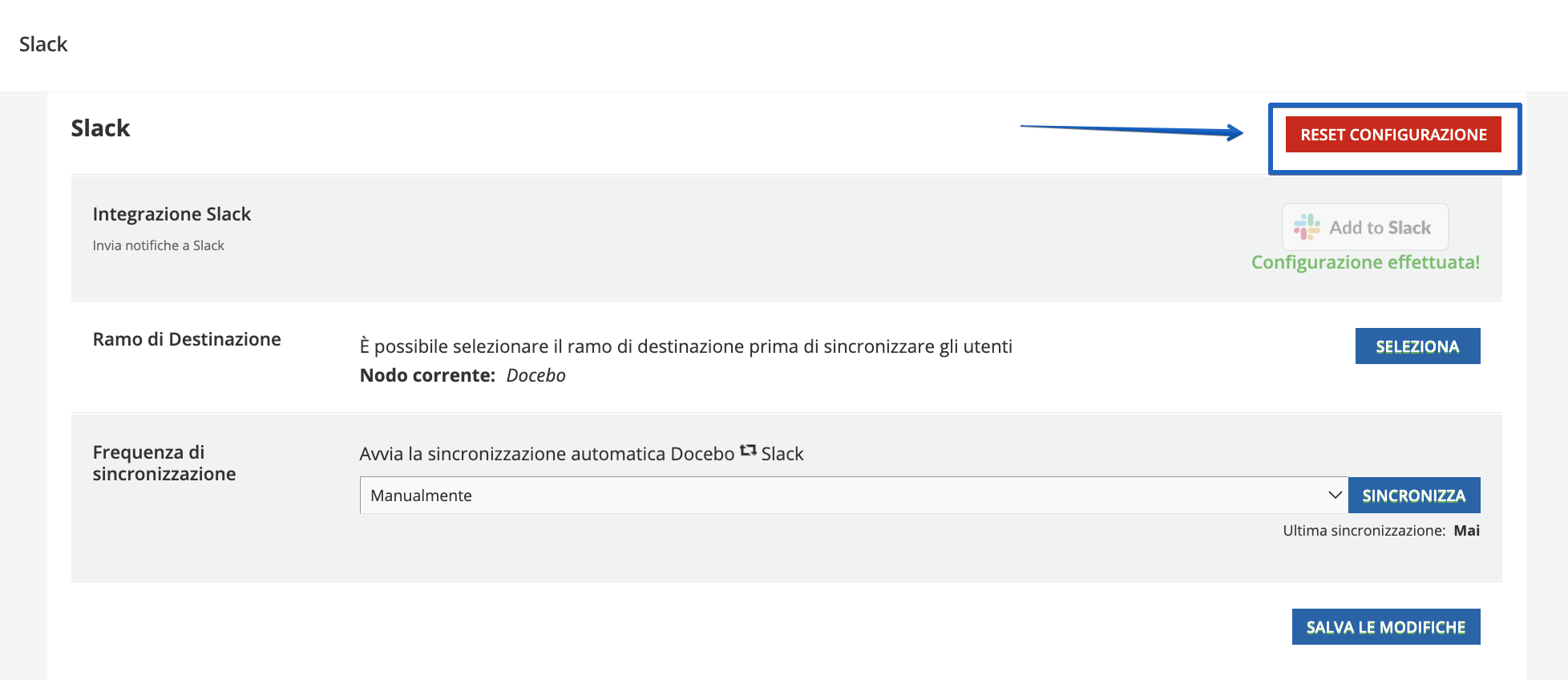 Reset della configurazione Slack