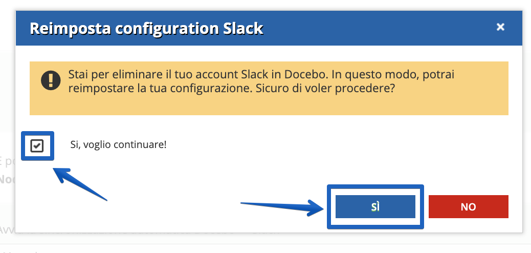 Conferma il reset della configurazione