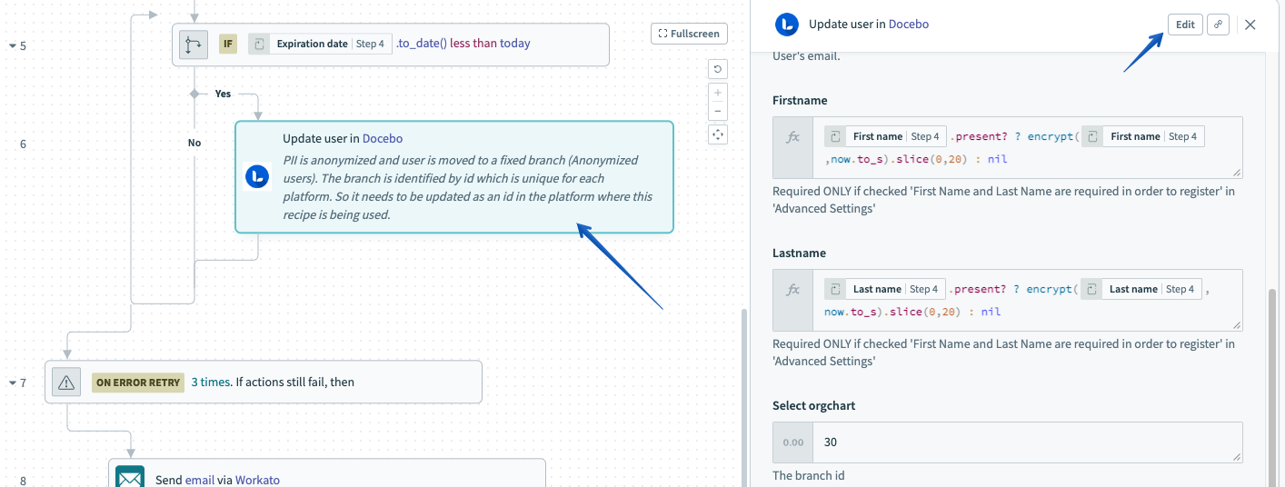 Selecting Update User In Docebo element and editing the branch ID