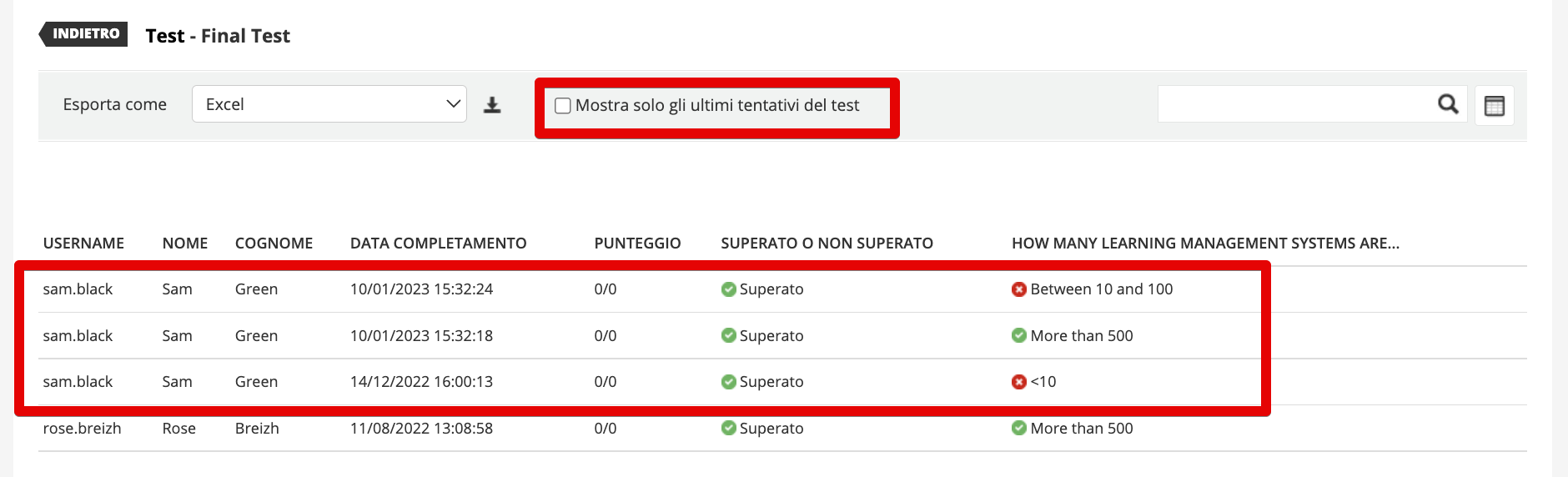 Mostra tutti i tentativi di superamento del test