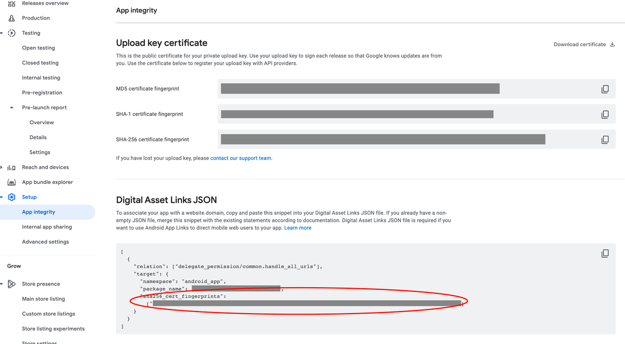 Digital Asset Links JSON section