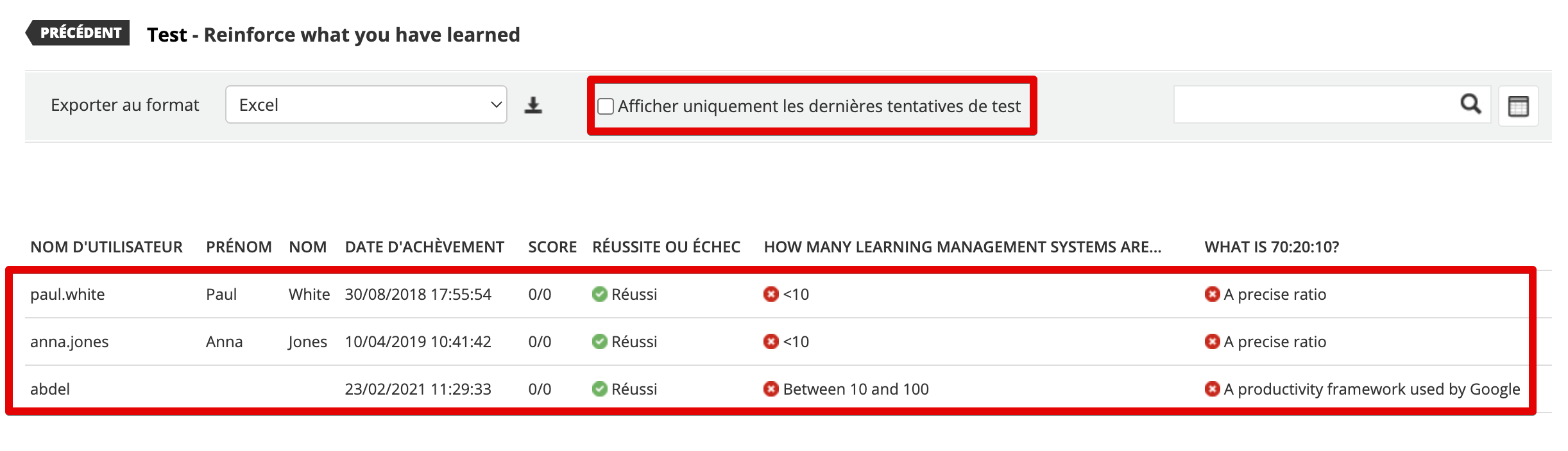 Afficher uniquement les dernières tentatives de test